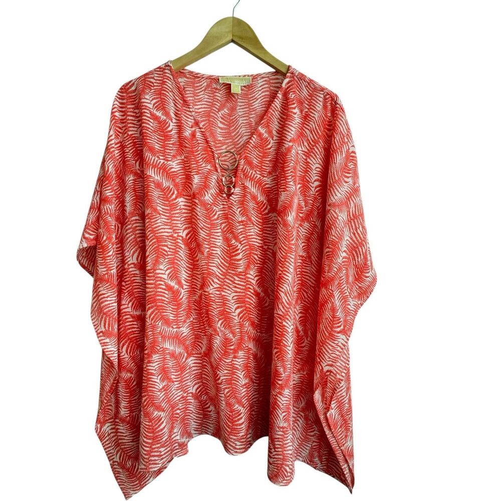 Michael Kors Top Womens Kimono 1X Coral White Tropical Leaf Print Boxy Fit